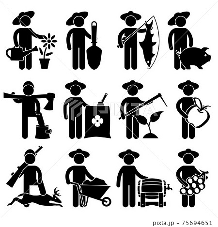 Farmer Gardener Fisherman Poultry Lumberjack Hunter. A set of village job that includes farmer, hunters and fermentator in pictogram. Farmer Gardener Fisherman Poultry Lumberjack Hunter. A set of village job that includes farmer, hunters and fermentator in pictogram. 75694651
