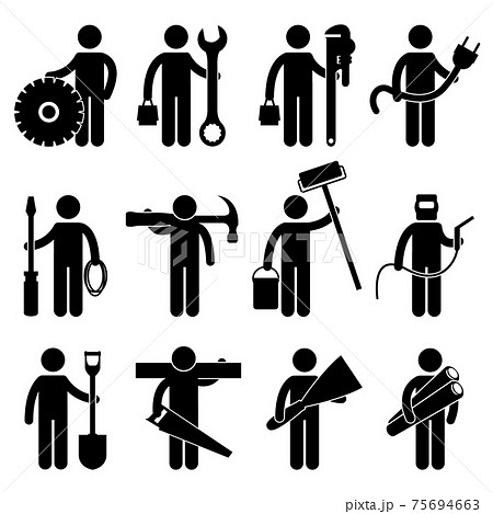 Construction Worker Job Icon Pictogram Sign Symbol. A set of construction worker job and occupation in pictogram. Construction Worker Job Icon Pictogram Sign Symbol. A set of construction worker job and occupation in pictogram. 75694663