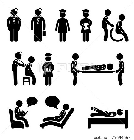 Doctor Nurse Hospital Medical Psychiatrist Patient Sick. A set of human figure showings doctor, nurse, and patient in a hospital. 75694668