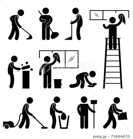 Clean Wash Wipe Vacuum Cleaner Worker Pictogram Sign. A set of human figure and cleaner working on their duties. Clean Wash Wipe Vacuum Cleaner Worker Pictogram Sign. A set of human figure and cleaner working on their duties. 75694670