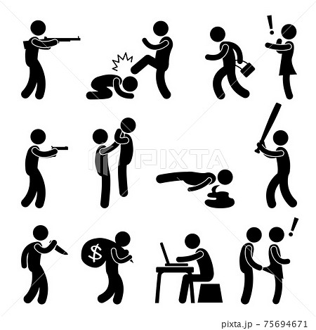 Terrorist Crime Bad Violence Kill Murder Criminal. A set of human figure and pictogram representing violence and crime. 75694671