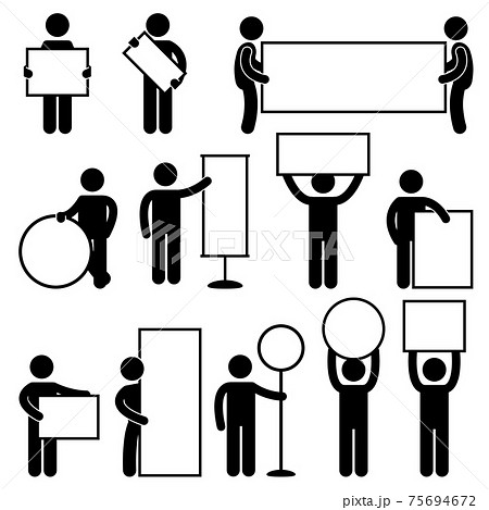 Man Carry Empty Blank Signboard Banner Placard. A set of human figure and pictogram carrying blank sign and banner. 75694672