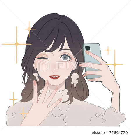 自撮りをする華やかな若い女性のイラスト素材