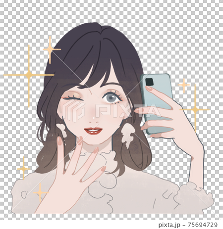 自撮りをする華やかな若い女性のイラスト素材