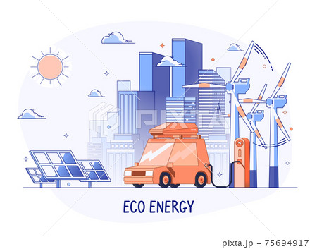 Electric Car on Refilling Station. Urban Landscape, Ecology. Electric Car on Refilling Station. Urban Landscape, Ecology. 75694917