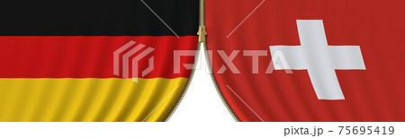 Flags of Germany and Switzerland and closing or opening zipper between them. Political negotiations or interaction conceptual 3D rendering Flags of Germany and Switzerland and closing or opening zipper between them. Political negotiations or interaction conceptual 3D rendering 75695419
