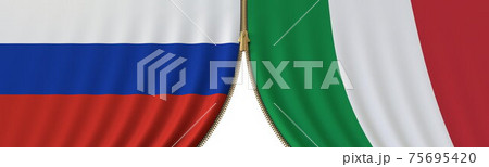 Flags of Russia and Italy and closing or opening zipper between them. Political negotiations or interaction conceptual 3D rendering Flags of Russia and Italy and closing or opening zipper between them. Political negotiations or interaction conceptual 3D rendering 75695420