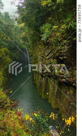 Beautiful scenery of waterfall at Kikuchi Keikoku after raining with light fog, Kumamoto, Japan Beautiful scenery of waterfall at Kikuchi Keikoku after raining with light fog, Kumamoto, Japan 75695759