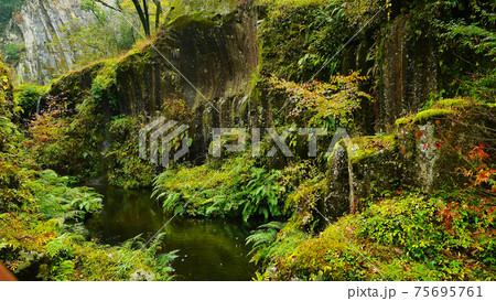 Beautiful scenery of waterfall at Kikuchi Keikoku after raining with light fog, Kumamoto, Japan Beautiful scenery of waterfall at Kikuchi Keikoku after raining with light fog, Kumamoto, Japan 75695761