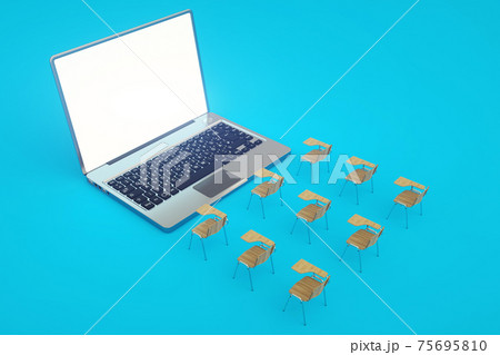 Digital classroom online education concept. School desks and laptop. 3d illustration Digital classroom online education concept. School desks and laptop. 3d illustration 75695810