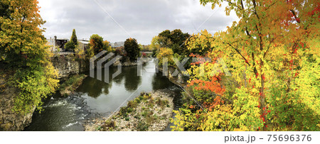 Panorama of the Grand River at Fergus, Ontario, Canada in the Fall 75696376