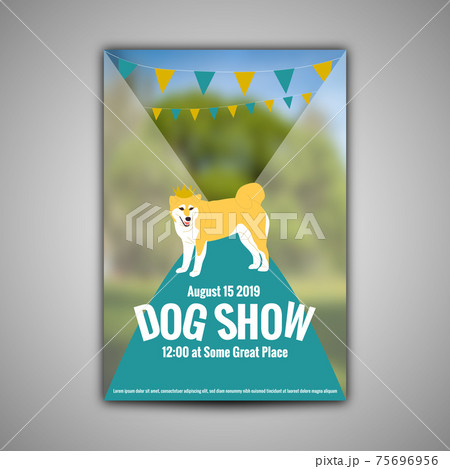 Poster template for dog show with shiba inu in golden crown. Flat style cartoon stock vector 75696956