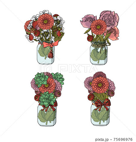 Hand drawn doodle style bouquets of different flowers, succulent, dahlia, stock flower, sweet pea, peony. Hand drawn doodle style bouquets of different flowers, succulent, dahlia, stock flower, sweet pea, peony. 75696976