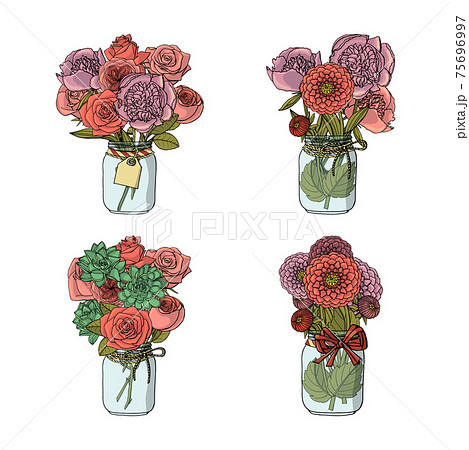 Hand drawn doodle style bouquets of different flowers Hand drawn doodle style bouquets of different flowers 75696997