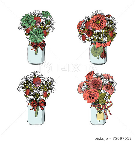 Hand drawn doodle style bouquets of different flowers, rose, dahlia, stock flower, sweet pea, succulent. 75697015