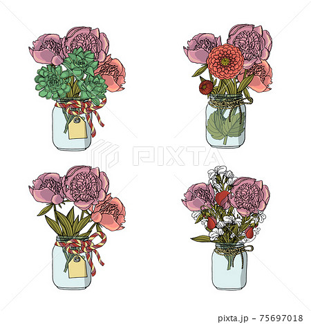 Hand drawn doodle style bouquets of different flowers, succulent, dahlia, stock flower, sweet pea. 75697018