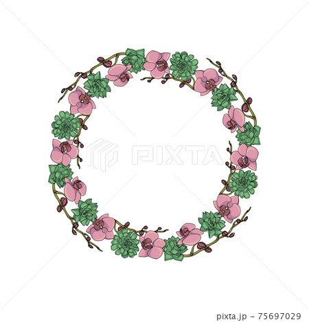 Hand drawn doodle style succulent and orchid flowers .wreath. 75697029