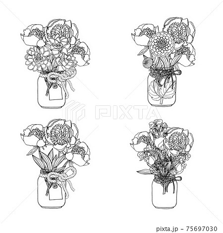 Hand drawn doodle style bouquets of different flowers, succulent,dahlia,stock flower,sweet pea. 75697030
