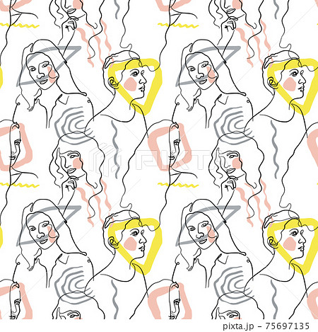 Seamless pattern with single line drawing of woman portrait with abstract geometric shapes. White background 75697135
