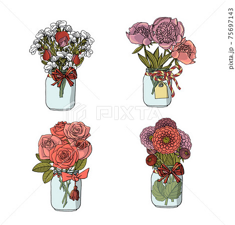 Hand drawn doodle style bouquets of different flowers, rose,dahlia,stock flower,sweet pea. Hand drawn doodle style bouquets of different flowers, rose,dahlia,stock flower,sweet pea. 75697143