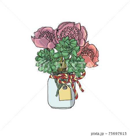 Hand drawn doodle style bouquets of different flowers, peony, succulents. 75697615