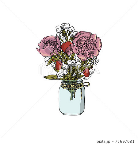 Hand drawn doodle style bouquets of different flowers: peony, stock flower,sweet pea. 75697631