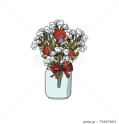 Hand drawn doodle style bouquets of different flowers: stock flower,sweet pea. 75697803