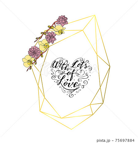 Hand drawn doodle style succulent and orchid flowers wreath with polygonal garland, vintage geometric frame, floral design element. 75697884