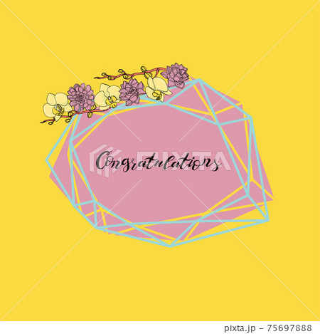 Hand drawn doodle style wreath from orchid flowers and succulents, with polygonal garland, vintage geometric frame 75697888