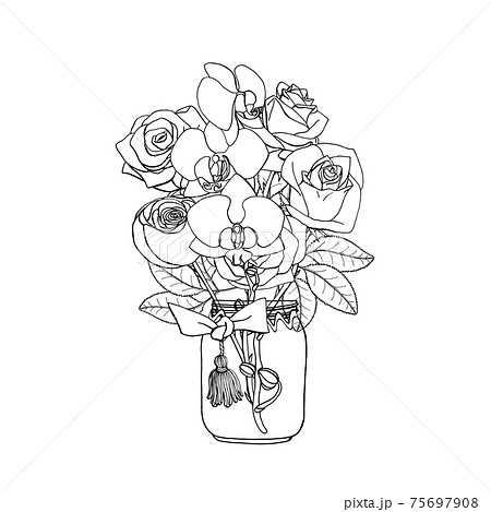 Hand drawn doodle style bouquet of black and white roses and orchids. Isolated on white background. Monochrome Stock vector illustration Hand drawn doodle style bouquet of black and white roses and orchids. Isolated on white background. Monochrome Stock vector illustration 75697908
