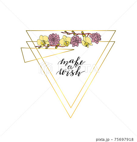 Hand drawn doodle style succulent and orchid flowers wreath with polygonal garland, vintage geometric frame, floral design element. 75697918
