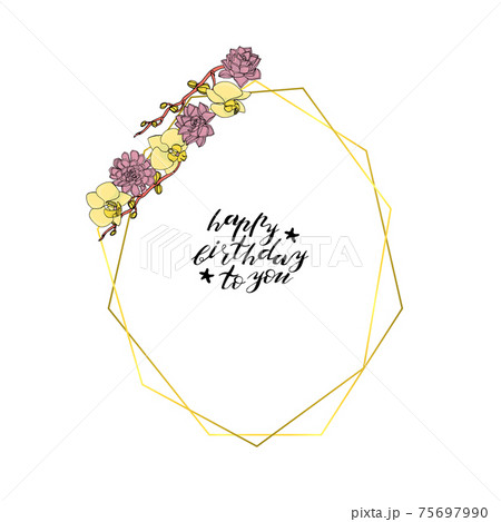 Hand drawn doodle style succulent and orchid flowers wreath with polygonal garland, vintage geometric frame, floral design element. 75697990