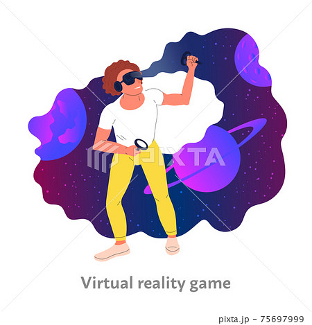 Man is playing virtual reality video game. Space environment in gameplay. Isolated on white background. Flat style vector illustration 75697999