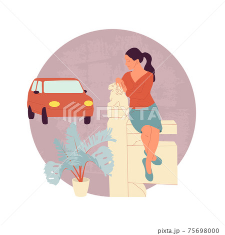 Female character in casual outfit sitting on chinese fence with lion sculpture. Red car on background 75698000