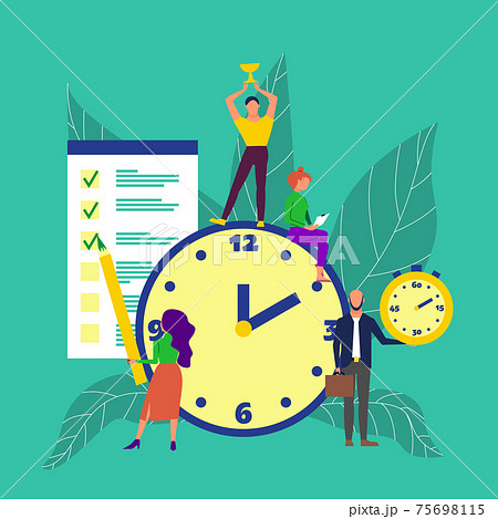 Time management concept art. Group of people around big clock, man holds golden cup, woman marks task done, man holds stopwatch. Time management concept art. Group of people around big clock, man holds golden cup, woman marks task done, man holds stopwatch. 75698115