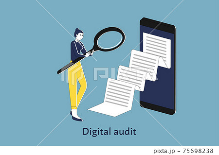 Businesswoman is looking through magnifier to document coming from big smart phone, stock flat illustration, digital audit concept. Businesswoman is looking through magnifier to document coming from big smart phone, stock flat illustration, digital audit concept. 75698238