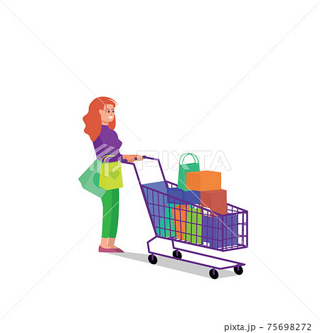 Caucasian adult woman walking with shopping cart full of purchases. Flat style stock vector illustration, isolated on white background 75698272