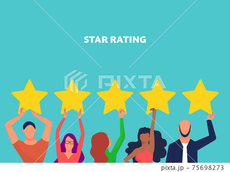 Customer feedback concept art, many people hold yellow rating stars. Copy space. Text star rating. Blue background. Flat style stock vector illustration 75698273