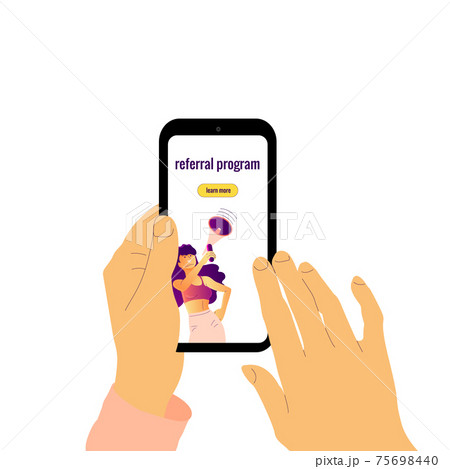 Human hands holding smartphone with text referral program. 75698440
