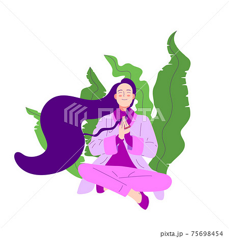 Flat style girl with long hair sitting crossed legged with prayer gesture Flat style girl with long hair sitting crossed legged with prayer gesture 75698454