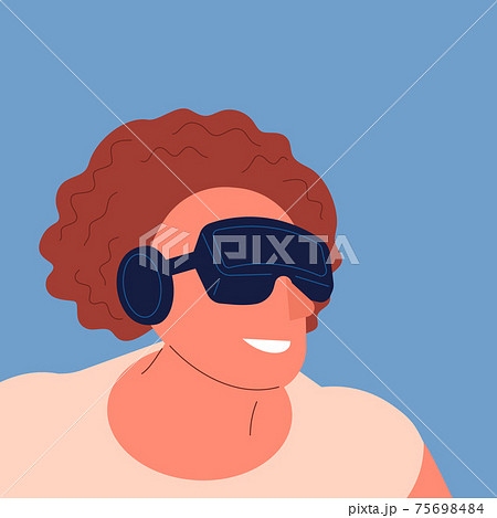 Smiling caucasian Man with red hair wearing virtual reality headset. Flat vector illustration 75698484