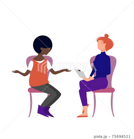Scene of caucasian female therapist consulting black female patient. Flat style stock vector illustration Scene of caucasian female therapist consulting black female patient. Flat style stock vector illustration 75698521