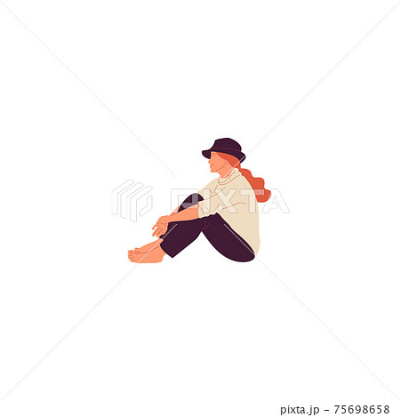 Female character in casual outfit sitting on the ground. Isolated on white. Flat style colorful cartoon stock vector Female character in casual outfit sitting on the ground. Isolated on white. Flat style colorful cartoon stock vector 75698658