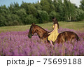 Beautiful woman with long hair in yellow dress riding bareback a brown horse in among purple flowers in green field 75699188