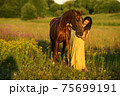 Beautiful woman with long hair in yellow dress standing near brown horse in among purple flowers in green field 75699191