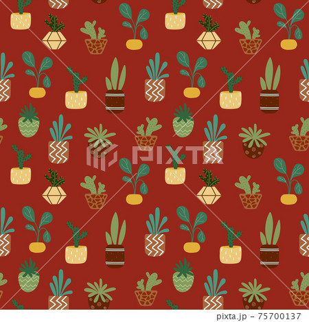 Home potted plants seamless pattern. Indoor flowers. Pattern in earthy and natural colors in boho style 75700137