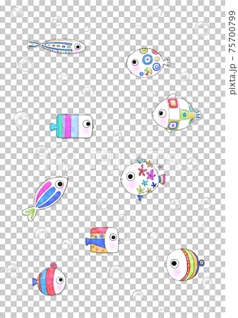 Illustration of 9 colorful fish and bubbles 75700799