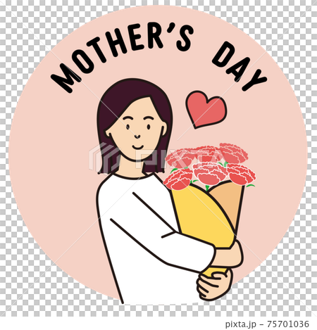 母の日ロゴ カーネーションの花束を持った女性のイラスト素材