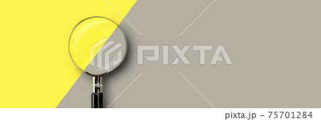 Magnifying glass on colored yellow-gray background with place for text 75701284
