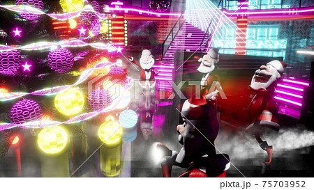 Cheerful Santa Clauses dance a fiery dance around the New Year tree at the night disco. 3D Rendering. 75703952